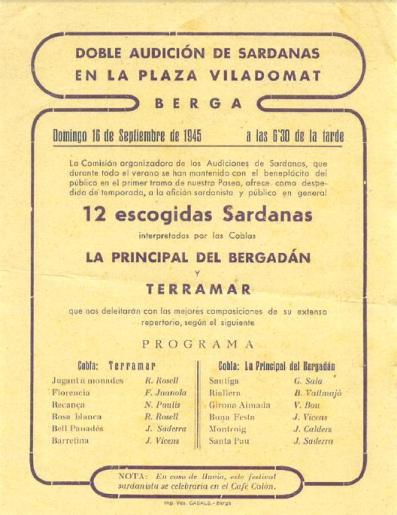Programa de mà on hi apareixen la Cobla Principal del Bergueda i la Cobla Terramar. (1945)